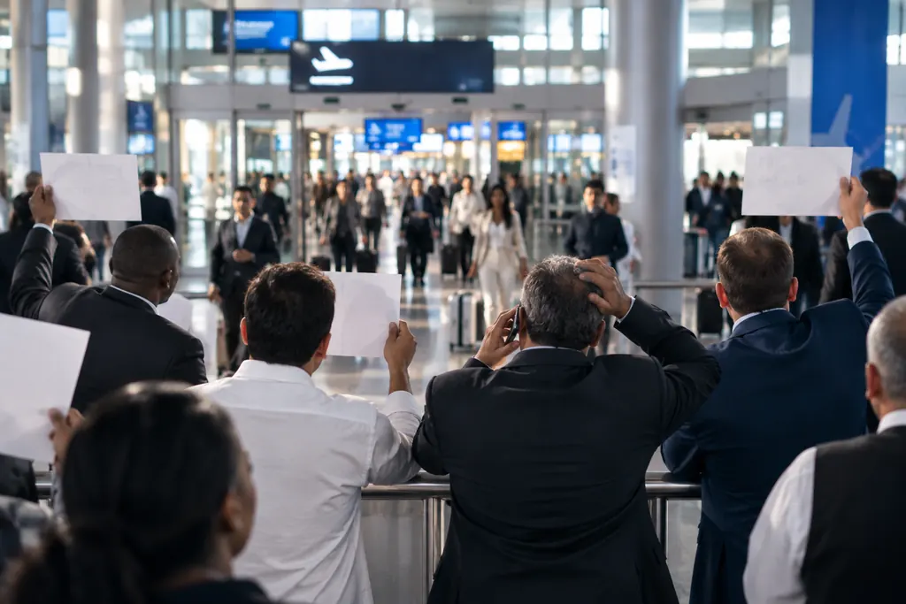 Drivers at an arrivals barrier holding paper signs, one of them on the phone