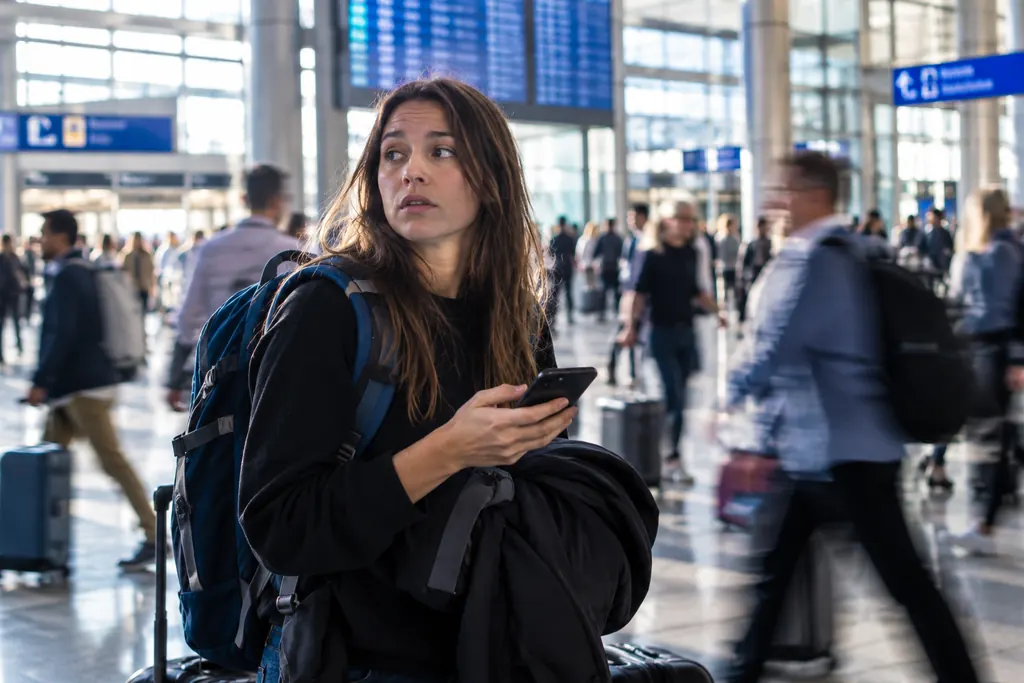 A traveller standing still in a busy terminal, looking around for the person meeting her