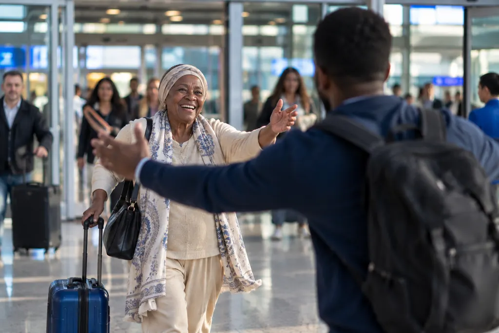 A mother walking out of Arrivals with open arms towards her son
